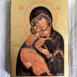 Virgin Mary of Vladimir Icon • Hand-Painted Byzantine Orthodox Icon • One-of-a-Kind Icon on Olive Wood • Religious Gift from Greece