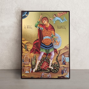 St George Dragon Icon • Greek Orthodox Icon of Saint George • Handmade Byzantine Art • Religious Gift for Catholics & Orthodox