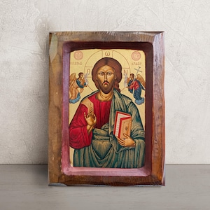 Hand-Painted Icon of Jesus Christ • Byzantine Orthodox Icon from Greece • Christ Pantocrator Religious Wall Art • Christian Gift