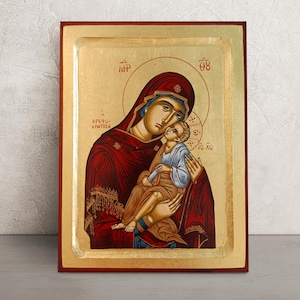 Hand Painted Virgin Mary Icon • Greek Orthodox Icon of Our Lady • Mother of God Byzantine icon • Christian Wall Art • Religious Gifts