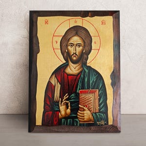 Hand Painted Jesus Christ Icon  • Greek Orthodox Icon • Pantocrator Byzantine Icon • Our Lord Icon • Christian Wall Art • Religious Gifts