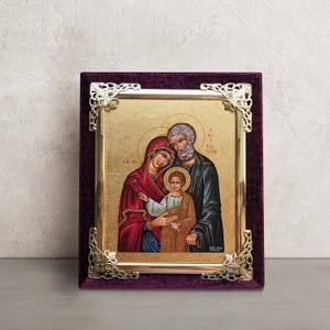 Holy Family Icon with Velvet Frame • Greek Orthodox & Catholic Icon • Mary Joseph and Jesus • Christian Byzantine Art • Religious Gift