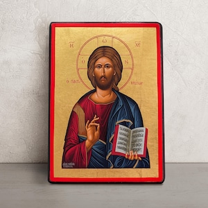Christ Pantocrator Icon • Hand-Painted Greek Orthodox Wall Art • Byzantine Sacred Image of Jesus • Heirloom Religious Gift