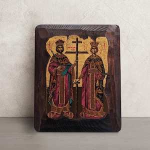 Saints Constantine & Helen Icon • Hand‑Painted Greek Orthodox Icon on Wood • Byzantine Christian Art • Religious Gift