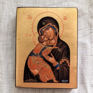 Virgin Mary Vladimir Icon • One-of-a-Kind Hand-Painted Icon on Olive Wood • Greek Orthodox Art • Christian Wall Decor • Christian Gift