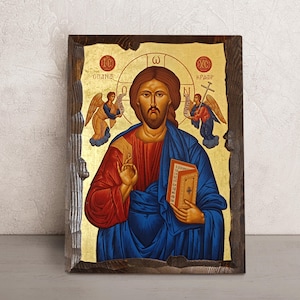 Jesus Christ Icon on Solid Wood • Greek Orthodox Hand Painted Icon • Byzantine Christ Pantocrator • Christian Wall Art • Religious Gift