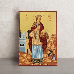 Saint Barbara Icon • Hand-Painted Greek Orthodox Icon on Wood • Catholic & Orthodox Christian Wall Art • Religious Gift