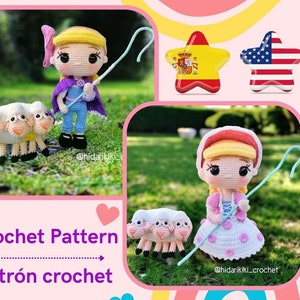 Puede incluir: Patrón de crochet para una muñeca vestida de pastora con una oveja. La muñeca tiene el pelo rubio, un vestido rosa y un chaleco azul. La oveja es blanca con tres cabezas. El patrón está disponible en inglés y español. La imagen también incluye una estrella con la bandera estadounidense y una estrella con la bandera española.