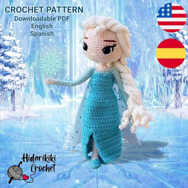 Elsa Frozen PDF Patrón Crochet  amigurumi princesa ESPAÑOL INGLÉS