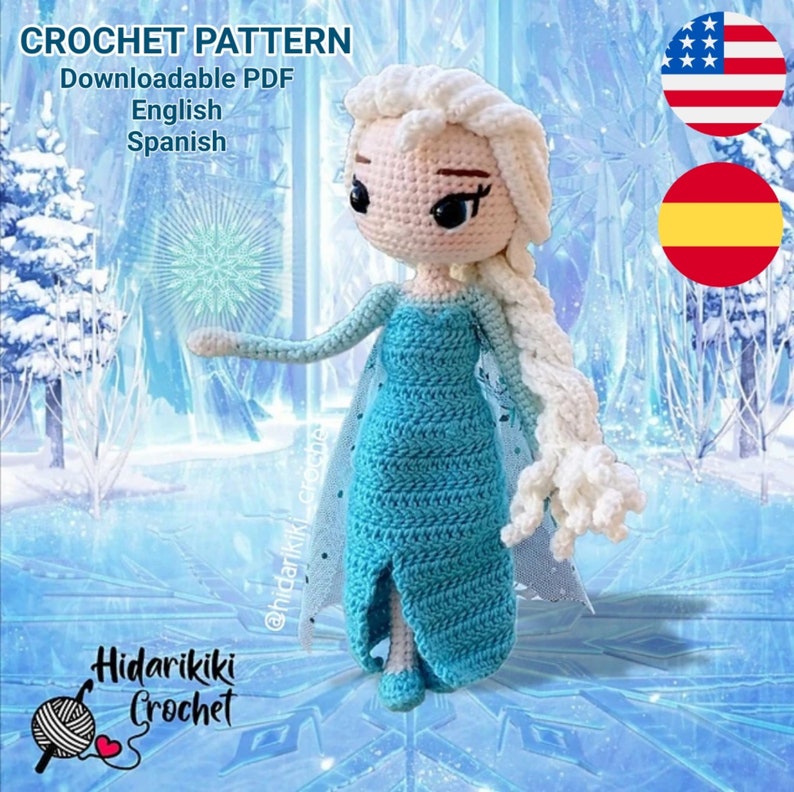 Elsa Frozen PDF Patrón Crochet amigurumi princesa ESPAÑOL INGLÉS imagem 1