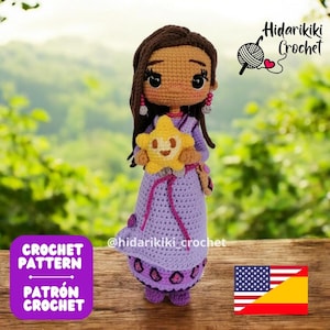 May include: Crochet pattern for a purple dress doll with brown hair, holding a yellow star. The pattern is available in English and Spanish. The image includes the text "Hidariki Crochet" and "@hidarikiki_crochet".