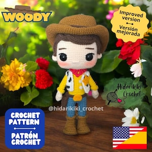Könnte beinhalten: Häkelanleitung für eine Woody-Puppe aus Toy Story. Die Puppe ist braun, gelb und blau. Die Anleitung ist in Englisch und Spanisch verfügbar. Die Anleitung ist auf Etsy zum Kauf erhältlich.