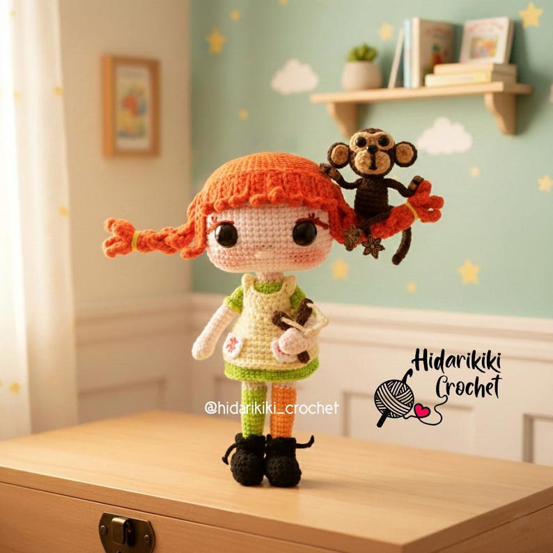 Amigurumi doll inspired by Pippi Longstocking – Pippi Longstocking crochet doll – Handmade gift for fans. Incluido mono