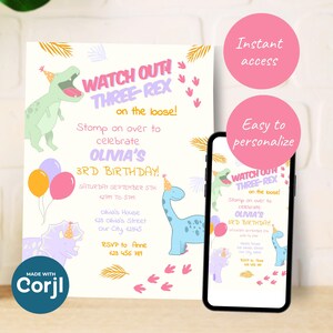 Dinosaur 3rd Birthday Invitation | Editable Girl Dino Invite | Cute T-Rex Party Template | Instant Download