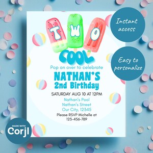Two Cool Pool Party Invitation | Editable Summer Birthday Invite | Splish Splash 2nd Birthday Instant Download | Tropical Swimming Party
