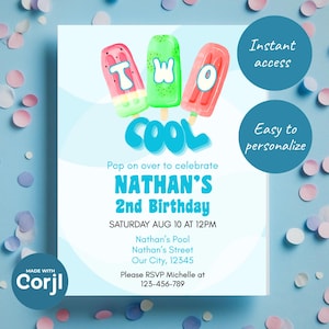 Two Cool Pool Party Invitation | Editable Summer Birthday Invite | Splish Splash 2nd Birthday Instant Download | Tropical Swimming Party