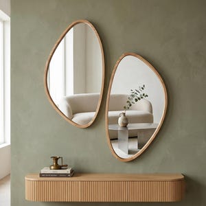 Asymmetric Mirror Set Pebble Wood Frame Organic Wall Art Irregular Aesthetic Decor Large Asymmetrical Vanity Mirrors Living Hallway Set of 2