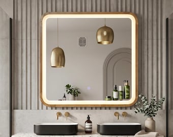 Miroir LED avec système antibuée - Meuble-lavabo lumineux avec miroir antibuée rétroéclairé et encadré en chêne massif - Miroir carré lumineux pour le démaquillage