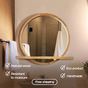 Round Mirror With Wooden Shelf, Shelf Mirror, Wooden Console Mirror, Aesthetic Mirror Wall Decor, Circle Mirror With Shelf, Entryway Shelf