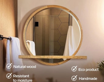 Round Mirror With Wooden Shelf, Shelf Mirror, Wooden Console Mirror, Aesthetic Mirror Wall Decor, Circle Mirror With Shelf, Entryway Shelf
