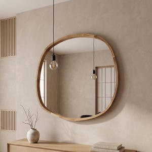 Asymmetric Wood Mirror, Japandi Wall Decor Pebble Irregular Shaped Aesthetic, Large Organic Modern Framed Entryway, Wooden Hanging Vanity
