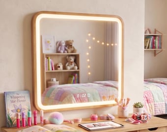 Miroir de maquillage LED avec horloge illuminé, cadre en bois, meuble-lavabo lumineux, capteur tactile intelligent, décoration murale de bureau carrée en chêne