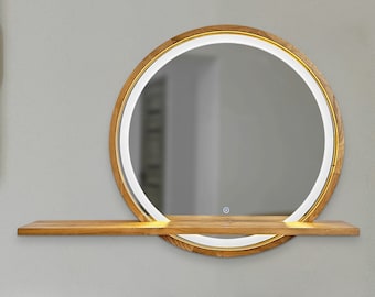 Specchio in legno, specchio circolare a LED con mensola, specchio rotondo, specchio per il trucco, specchio circolare illuminato, specchio da bagno, specchio cosmetico
