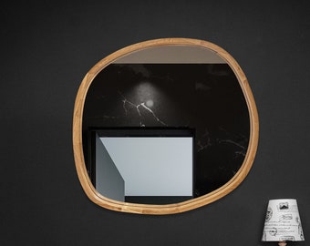 Asymmetrical bedroom modern mirror, Wooden mirror, Irregular wood shape mirror, Large wall mirror, Aesthetic round mirror, Bathroom mirror