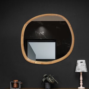 Asymmetrical bedroom modern mirror, Wooden mirror, Irregular wood shape mirror, Large wall mirror, Aesthetic round mirror, Bathroom mirror