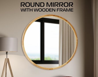 Spiegel eiken ronde lijst, houten spiegel, handgemaakte ronde houten spiegel, badkamerspiegel, spiegelwanddecor, moderne wandspiegel, make-upspiegel