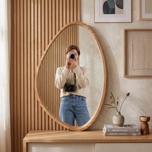 Asymmetric Wood Framed Wall Mirror Irregular Shaped Aesthetic Mirror for Bathroom Bedroom Living Room Japandi Wabi Sabi Home Decor