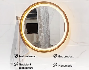 Round mirror, Wood LED mirror, Circle LED Mirror, Bathroom mirror, Makeup mirror, Vanity mirror, Smart mirror, Led vanity mirror
