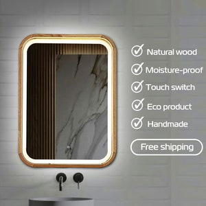May include: A rectangular wooden framed bathroom mirror with a white LED light around the perimeter. The mirror has a touch switch and is moisture-proof. The text "Free shipping" is visible in the image.