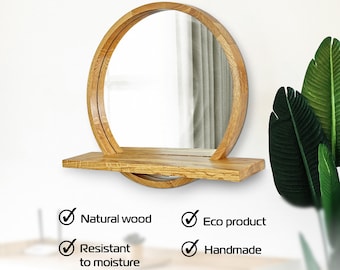 Specchio rotondo con mensola, Specchio consolle in legno, Decorazione murale a specchio estetico, Specchio circolare con mensola, Mensola da ingresso