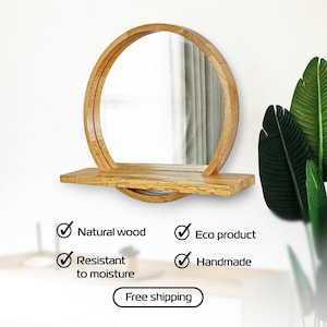 Round mirror with shelf, Wooden console mirror, Aesthetic mirror wall decor, Circle mirror with shelf, Entryway shelf