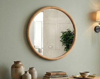 Miroir mural rond en bois pour meuble d'entrée avec cadre en bois - Grand miroir en bois massif naturel pour un hall d'accueil moderne de style scandinave