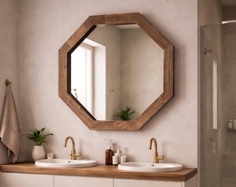 Miroir mural en bois nid d'abeille, miroir de courtoisie moderne en chêne, miroir rond en bois pour salle de bain, décoration d'intérieur, miroir écologique avec cadre en chêne massif