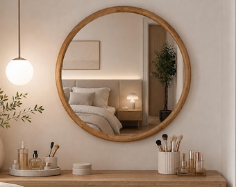 Grand miroir de courtoisie avec cadre en bois pour chambre à coucher - Miroir mural en bois massif pour coiffeur, miroir décoratif mural en chêne pour coiffeuse