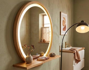 Round Wood Mirror with Shelf and LED Light, Circle Wall Vanity Mirror, Organic Modern Wooden Entryway Mirror, Backlit Custom Size Decor