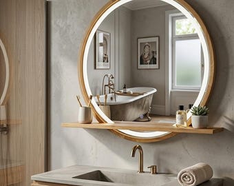 Miroir rond LED avec cadre en bois avec étagère, décoration de salle de bain avec miroir rétro-éclairé, miroir intelligent éclairé avec rebord en bois