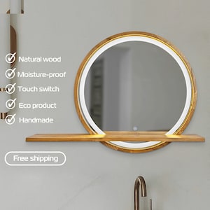Espejo circular LED con estante, Espejo redondo, Espejo de maquillaje, Espejo circular iluminado, Espejo de baño, Espejo con marco de madera, Espejo de tocador