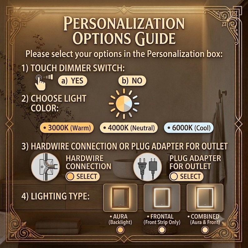 May include: A personalization options guide for a mirror with four sections: touch dimmer switch, light color selection from 3000K to 6000K, hardwire or plug adapter connection choices, and lighting type options including aura, frontal, or combined.