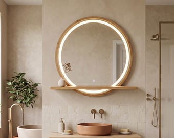 Round Backlit LED Mirror with Integrated Wooden Shelf, Wood Frame Circle Wall Mirror for Bathroom, Custom LED Storage Mirror Handmade