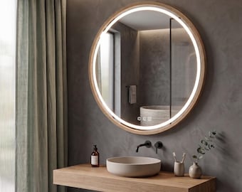 Round Bathroom Mirror with Clock LED Backlit Framed Lighted Circular Vanity Mirrors Smart Wall Decor Touch Sensor Luxury Hotel Aesthetic Art