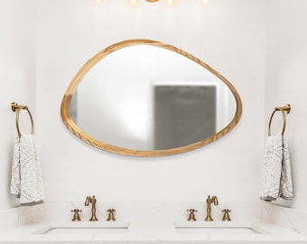 Asymmetrical oak mirror, Irregular mirror wall decor, Large wall mirror, Modern mirror, Wood mirror, Bathroom mirror, Livingroom mirror
