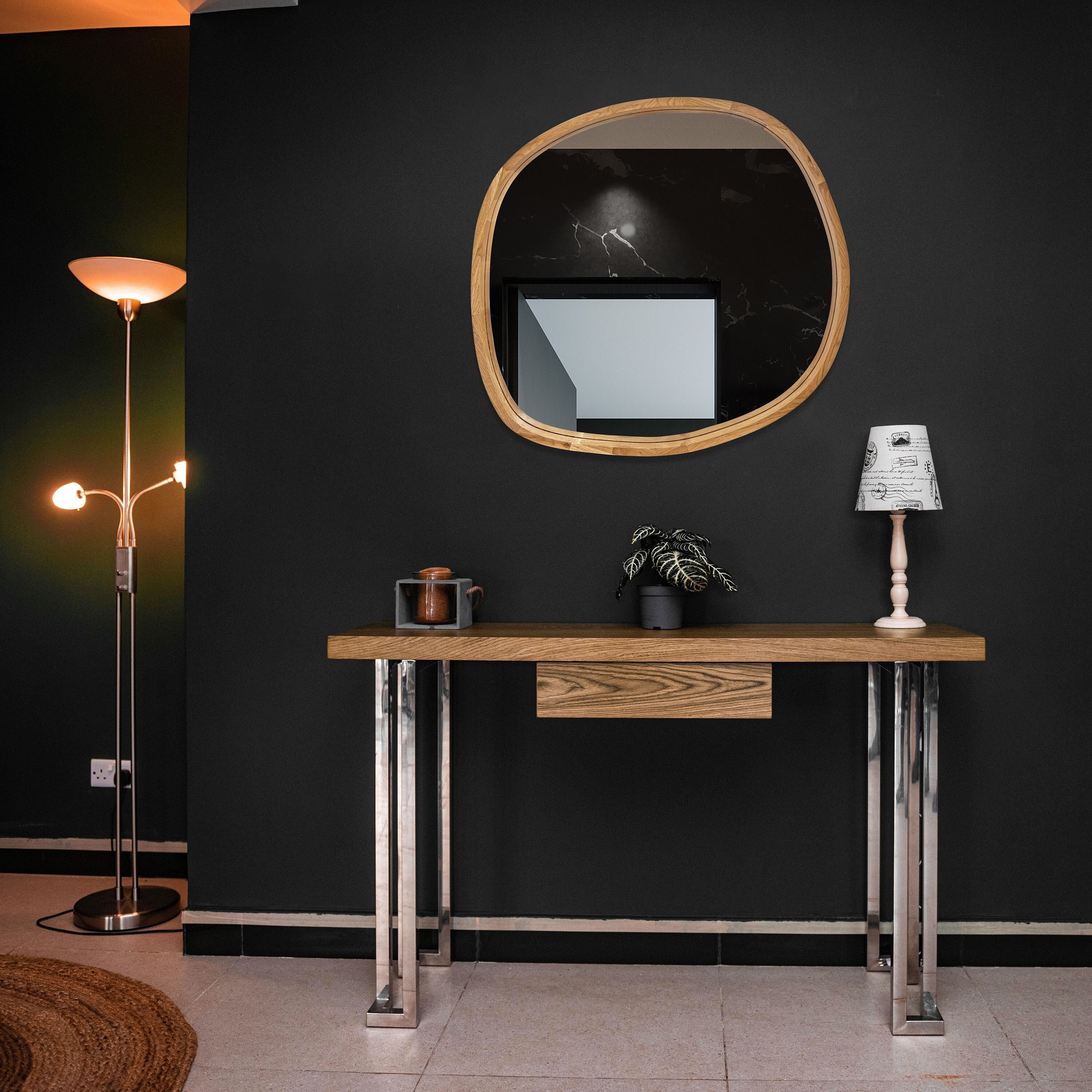Asymmetrical bedroom modern mirror, Wooden mirror, Irregular wood shape mirror, Large wall mirror, Aesthetic round mirror, Bathroom mirror