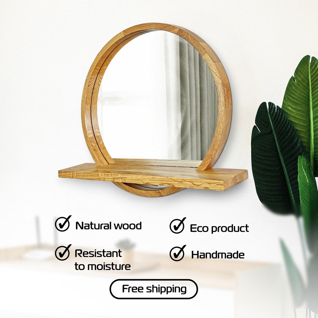 Round Mirror With Shelf, Wooden Console Mirror, Aesthetic Mirror Wall ...