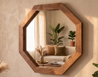 Miroir octogonal en bois, décoration murale moderne du milieu du siècle, cadre géométrique en noyer, grand miroir octogonal pour salle à manger, cadeau de pendaison de crémaillère