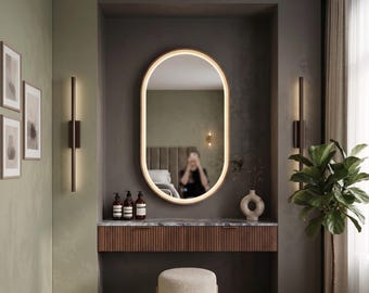 Oval LED Vanity Mirror with Wooden Frame, Capsule Backlit Wall Mirror, Pill Shape Modern Bathroom Decor, Custom Size Lighted Mirror