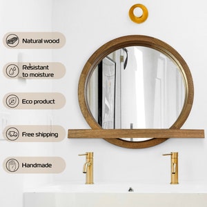 Walnut mirror with shelf, Round mirror, Wood mirror wall decor, Circle mirror with shelf, Floating shelf, Wooden Circle Frame Mirror